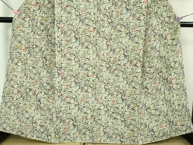 平和屋着物□極上 小紋 型染 草葉文 砂色地 鬼しぼ縮緬 逸品 未使用  