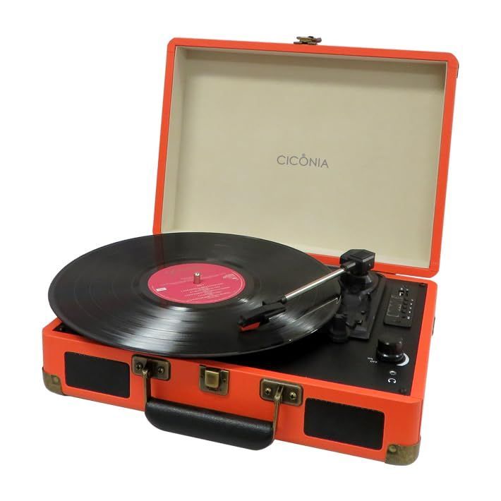 CICONIA レコードプレーヤー TE-1907 レトロ クラシカル USBメモリー 多機能 SDカード 録音 再生 ブルートゥース Bluetooth AUX IN OUT トランクケース型 オレンジ 3スピード オートストップ プレイヤー CICONIA