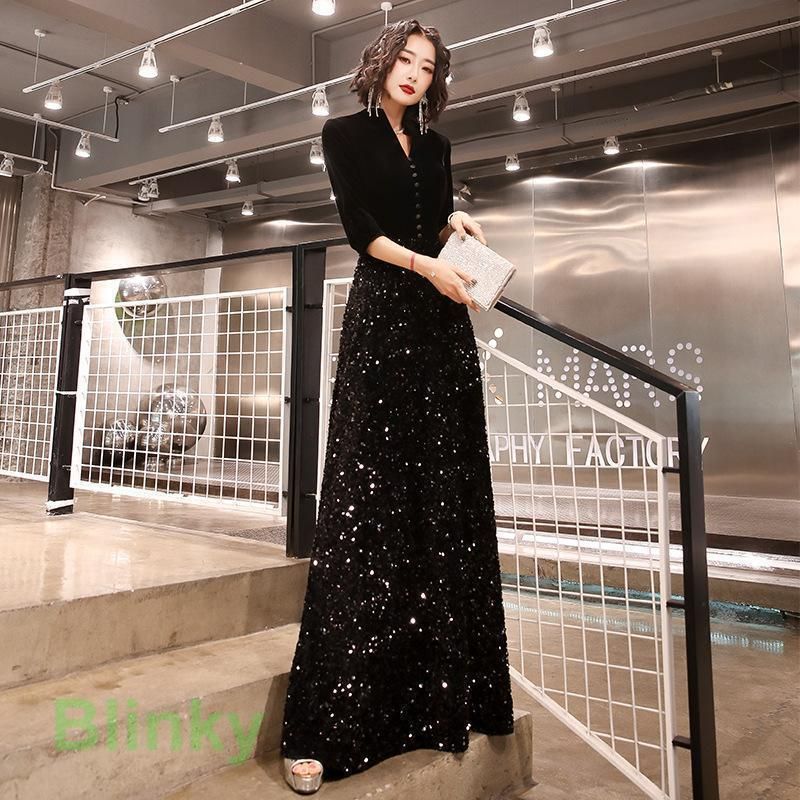 全 ロングドレス 母親 結婚式 演奏会用ドレス 袖付き 大人 ピアノ 発表会 キラキラ パーティー ワンピース お呼ばれ Vネック パーティードレス ドレス 4253