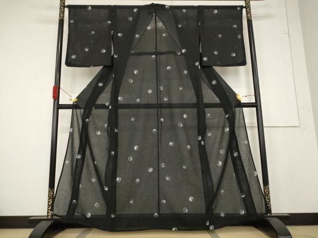 平和屋着物 夏物 小紋 紗 花丸文 黒地 洗える着物 AABB0624st