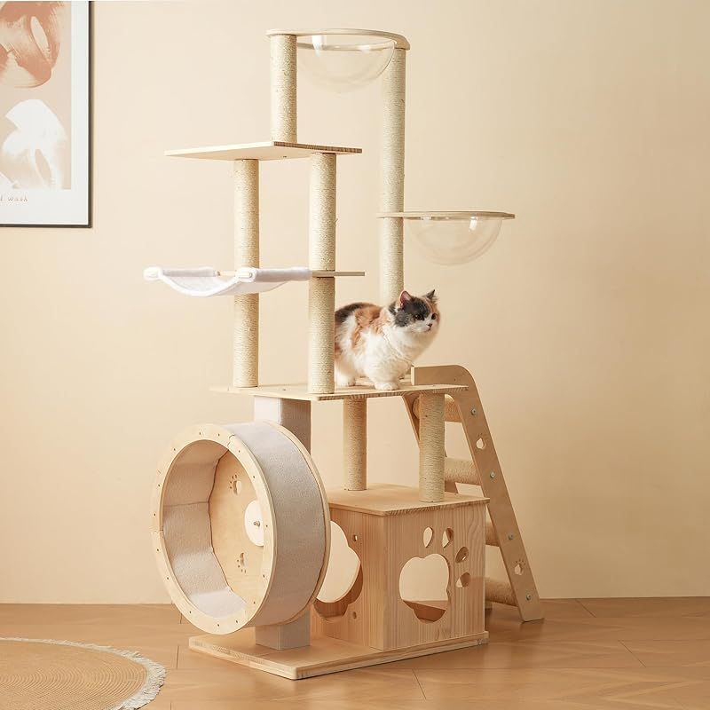 OSJ キャットタワー 猫タワー キャットツリー 据え置き ランニングホイール付き 多頭飼い 宇宙船 ネコタワー 高さ165.5cm 上り下りしやすい 爪とぎポール 木製 可愛い 子猫 大型猫 ペット用品 高い安定性 運動不足解消 おしゃれ 頑丈 角丸加工 1