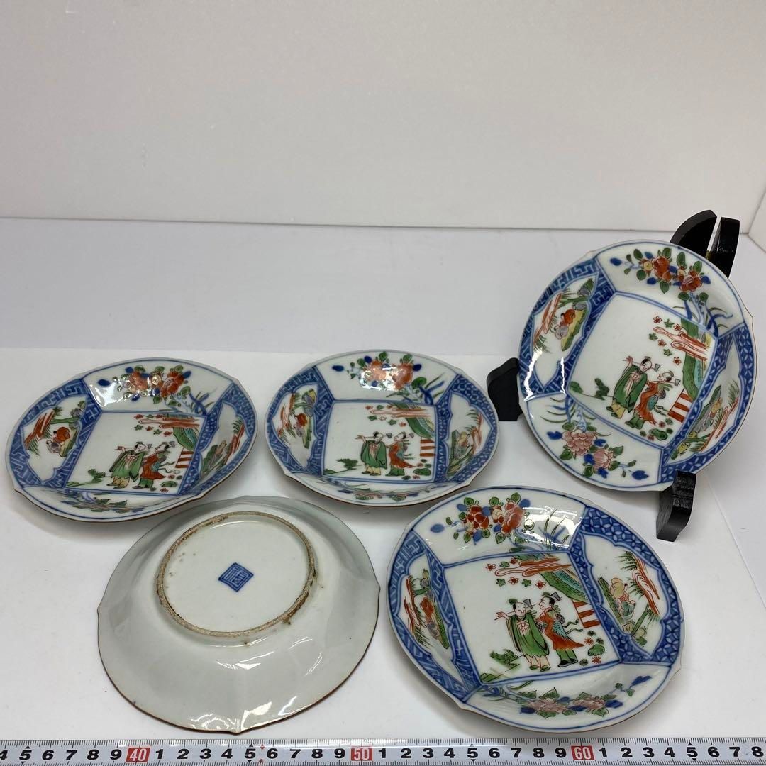 中国古玩　南京赤絵人物画　中皿5枚　直径14.9cm 東H6-0328①タエサ 中国古玩 南京赤絵人物画 中皿5枚 直径14.9cm 東H6-0328①タエサ