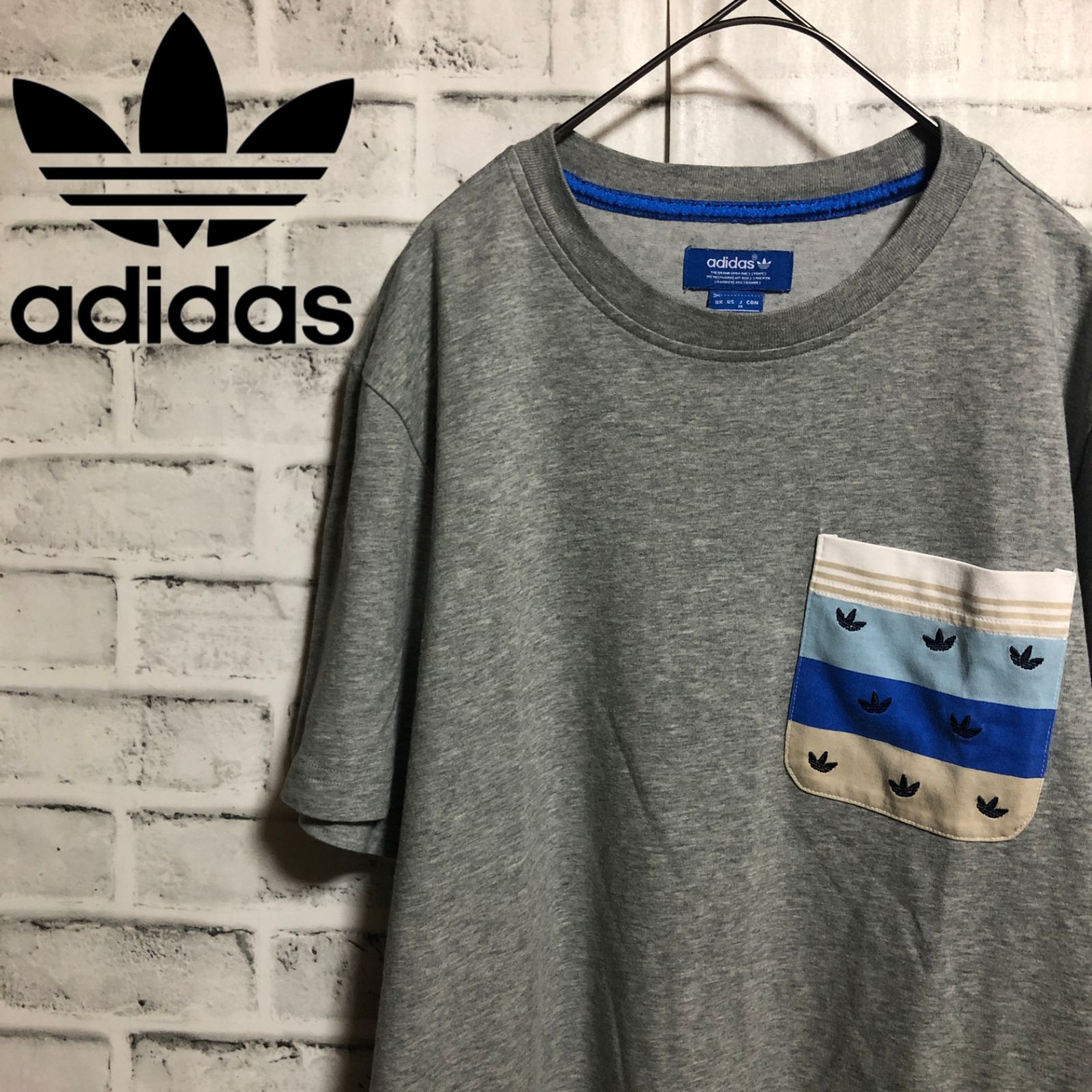 adidas⭐️アディダスオリジナルス マルチカラーポケット 刺繍トレファイルロゴ Tシャツ M グレー vintage