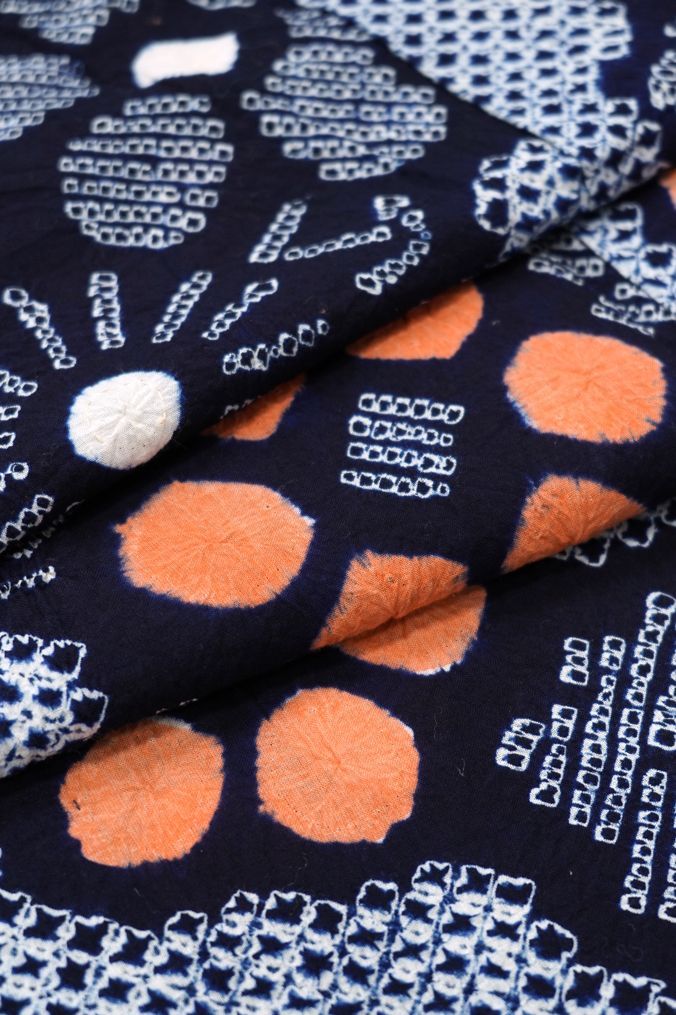 浴衣 有松鳴海絞り 花模様 杉綾紋 ギザギザ ネイビー 着物 034a d