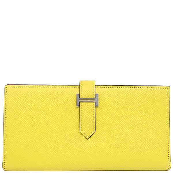 エルメス HERMES 長財布 ベアンスフレ ヴェルソ ヴォーエプソン ライム×テールバテュー シルバー金具 黄色 朱赤 バイカラー 二つ折財布 Y刻印 箱