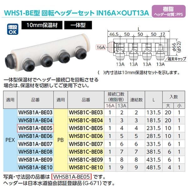 オンダ製作所 WHS1-AE型 回転ヘッダーセット IN13A×OUT13A 15mm保温材 分割型 連結数9 バラ売 オンダ製作所WHSB1-AE06WHS1-AE型 回転ヘッダーセット IN13A