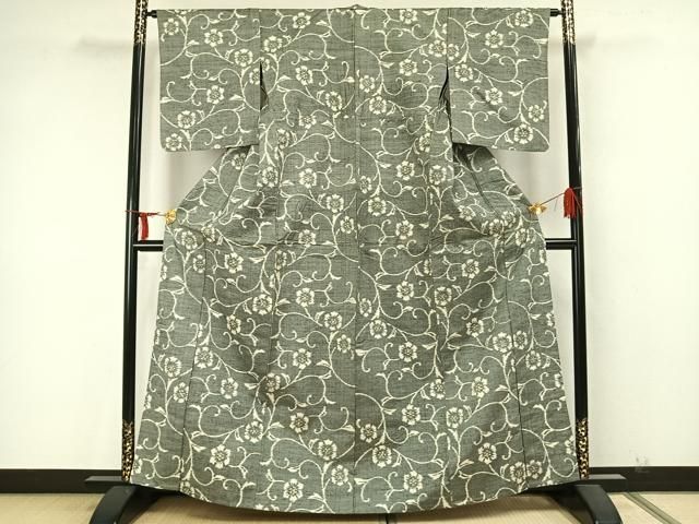 平和屋着物 上質な紬 単衣 花唐草文 正絹 AABA7606fy