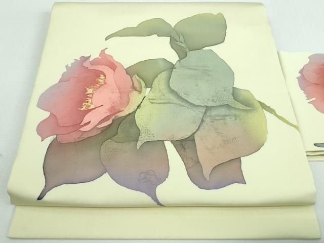 平和屋2□夏物 絽塩瀬 九寸名古屋帯 作家物 ろうけつ染め 草花 逸品