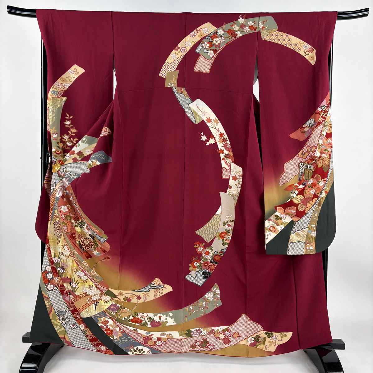 振袖 身丈162cm 裄丈68cm L 袷 橋 草花 金糸 金彩 えんじ色 正絹