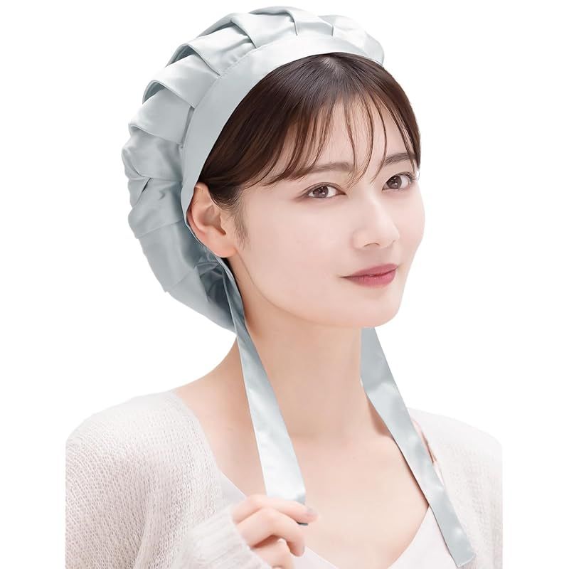 [COCOSILK] ナイトキャップ シルク リボン 紐 シルクキャップ ショートヘア シルクナイトキャップ 就寝用 シルク100% ヘアキャップ (Ｌ， アッシュブルー) 1