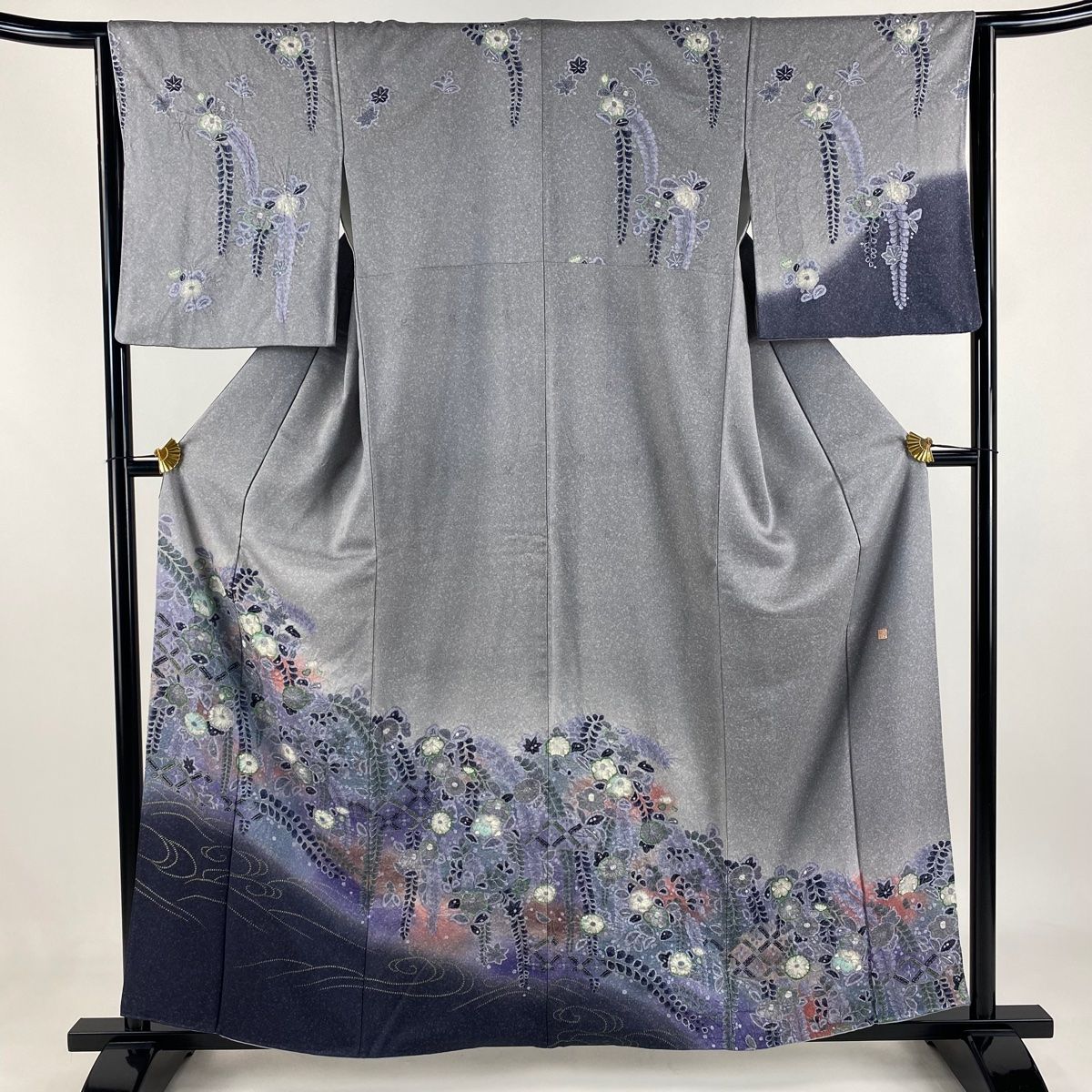 訪問着 身丈159.5cm 裄丈65cm M 袷 落款 辻が花柄 波頭 金彩 絞り 灰紫 正絹 名品 【】