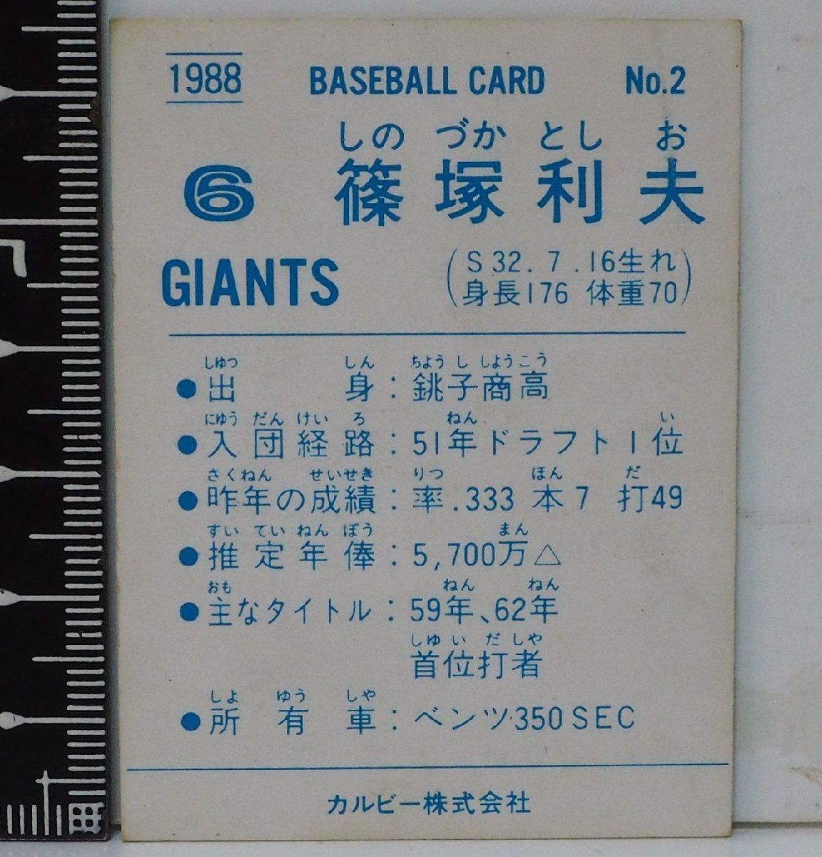 88年 カルビー プロ野球カード No.2【篠塚 利夫 読売