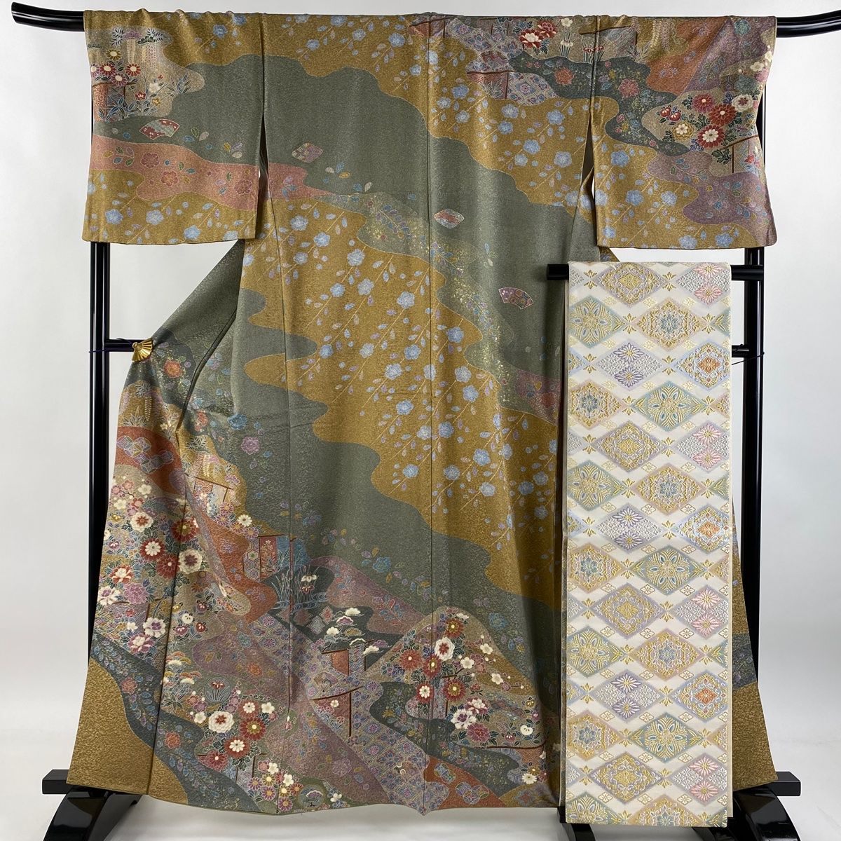 訪問着 身丈162.5cm 裄丈68cm L 袷 袋帯セット 菊 几帳 金彩 染め分け 灰緑 正絹 名品