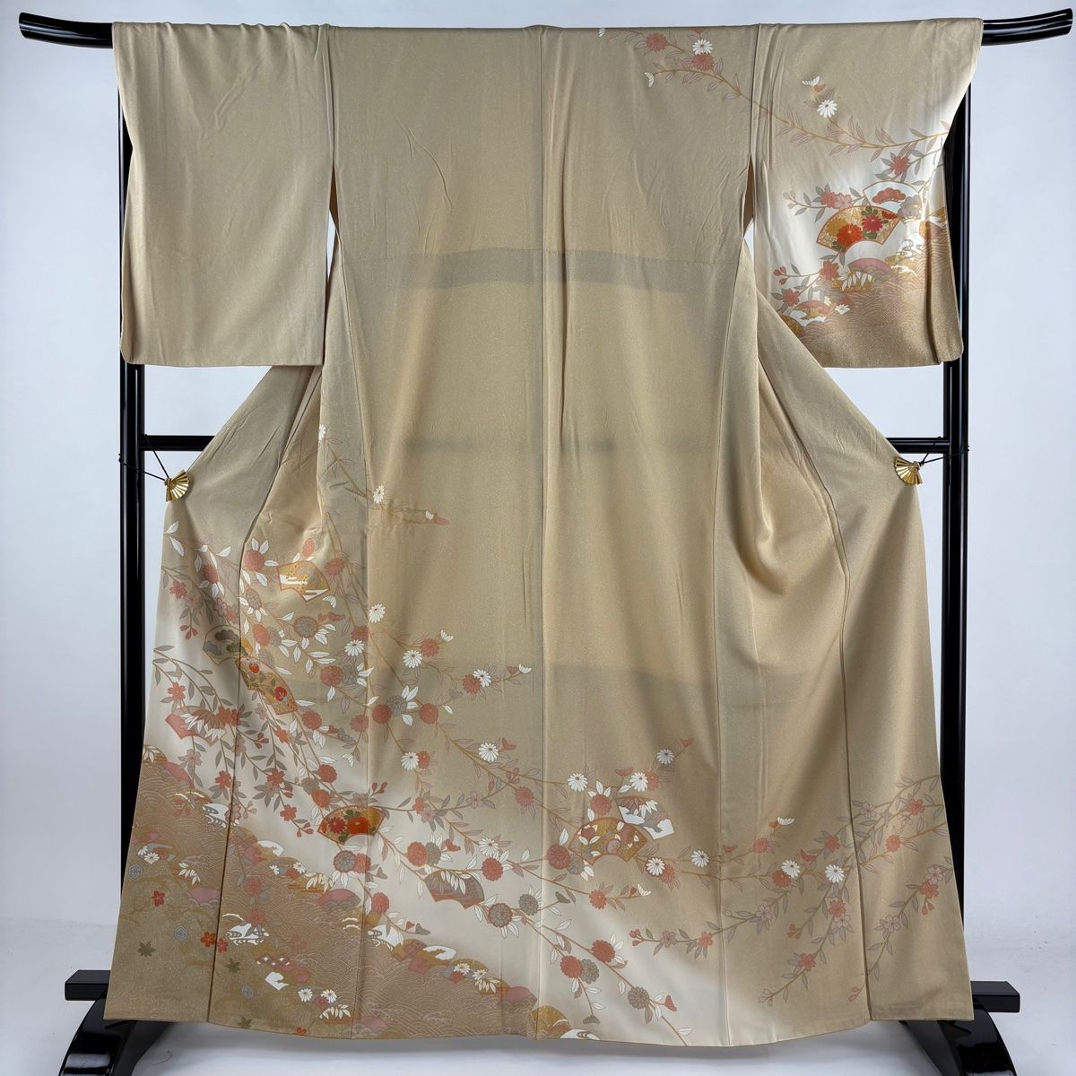 訪問着 身丈162.5cm 裄丈68cm L 袷 扇面 草花 金彩 ぼかし 薄茶