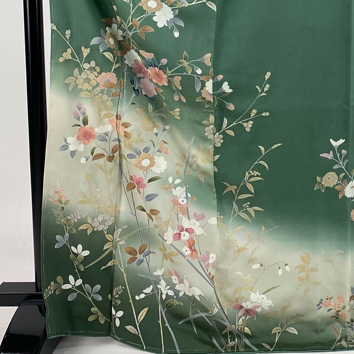 訪問着 身丈172cm 裄丈69cm L 袷 枝花 金銀彩 ぼかし 灰緑 正絹