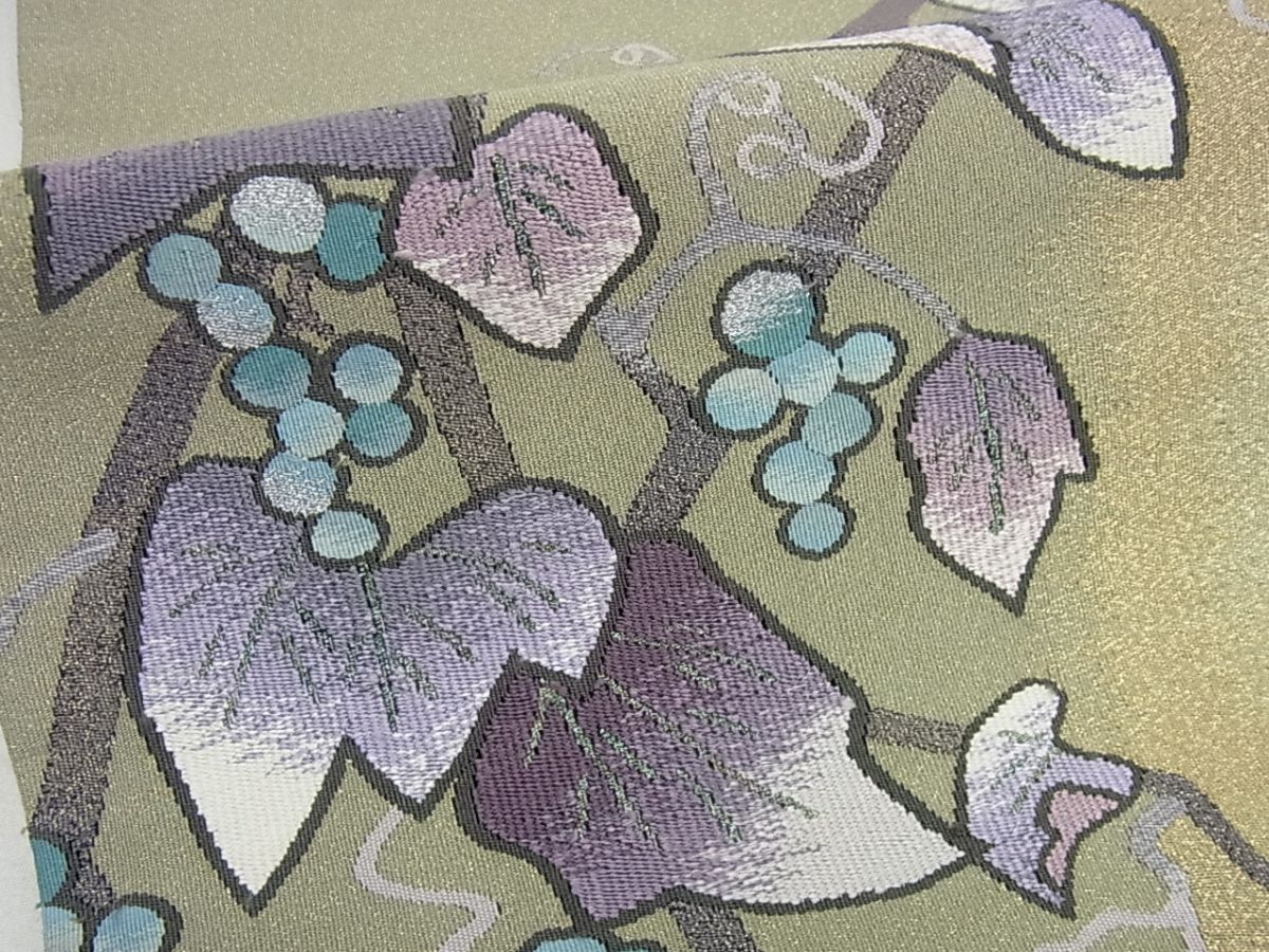 平和屋本店■極上　本加賀友禅作家　由水煌人監修　爪掻き本綴れ　太鼓柄袋帯　葡萄蔦の葉文　金銀糸　逸品　未使用4s781 平和屋本店□極上 本加賀友禅作家 由水煌人監修 爪掻き本綴れ 太鼓柄