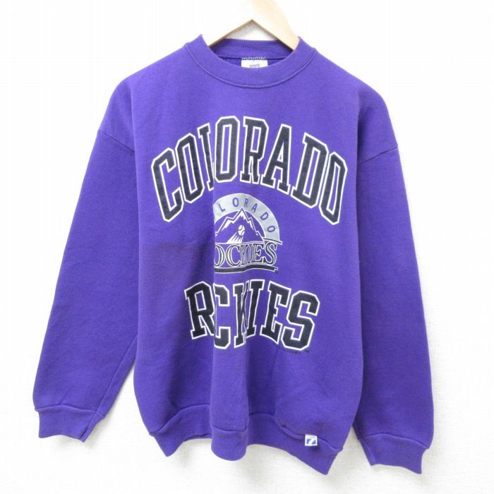 L/古着 長袖 スウェット メンズ 90s MLB コロラドロッキーズ クルーネック 紫 パープル メジャーリーグ ベースボール 野球 25feb19 中古 ス
