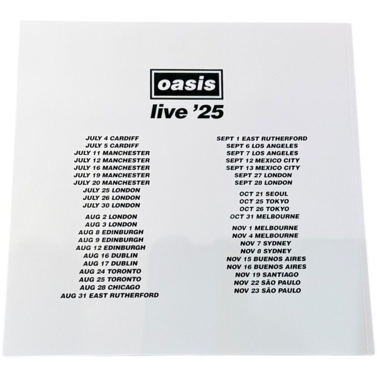 Oasis Live Tour 2025 パンフレット 即配送 東京 オアシスライブ
