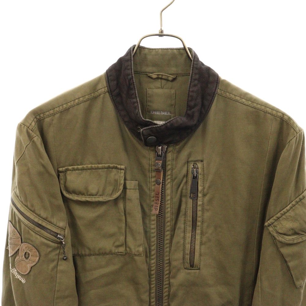 DIESEL ディーゼル レザーカラー 多重ジップ ミリタリージャケット ブルゾン カーキ DIESEL (ディーゼル) レザーカラー 多重ジップ ミリタリージャケット
