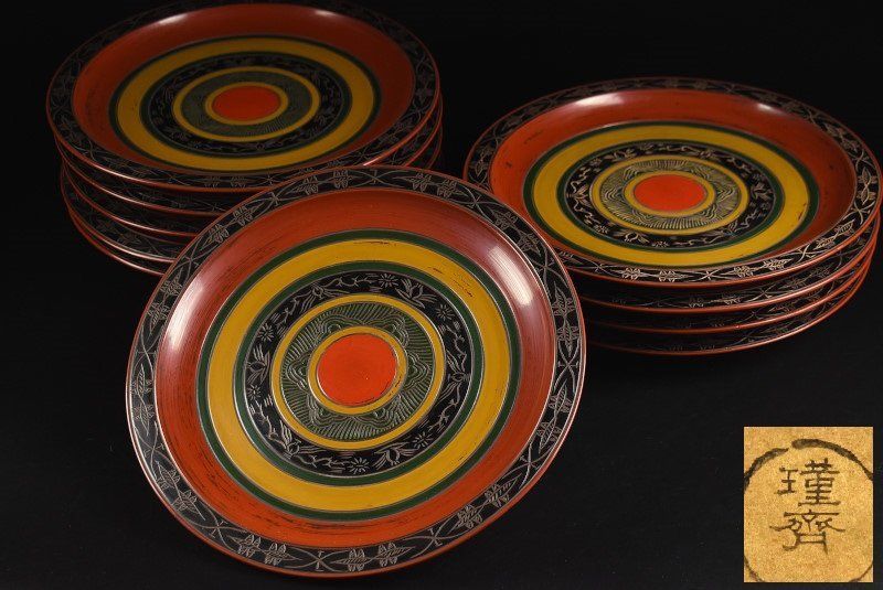蔵A4396 和田瑾斎 独楽 丸盆 十客 木箱入 約30ｃｍ