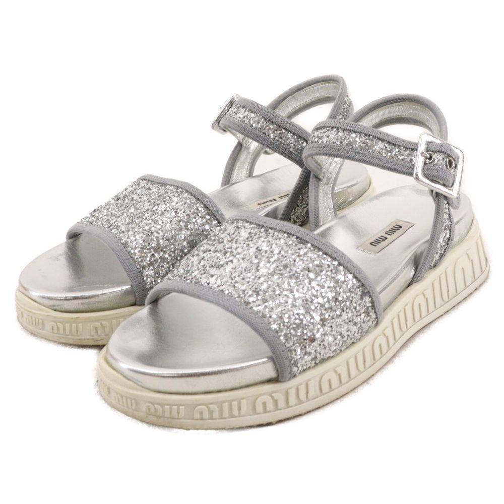 miumiu (ミュウミュウ) オープントゥー グリッターサンダル シルバー