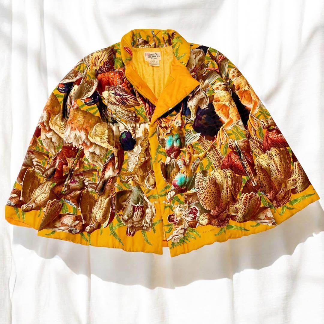 絹 カレ柄 中綿入り ケープ コート DE LINARES 狩猟柄 エルメス