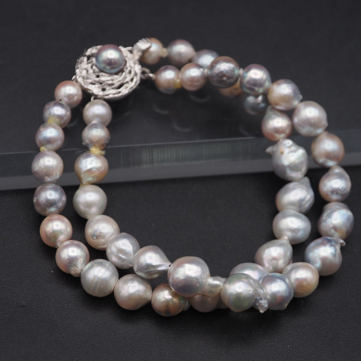 C048 淡水真珠 パール SILVER刻印 ネックレス ブレスレット セット 2連 
