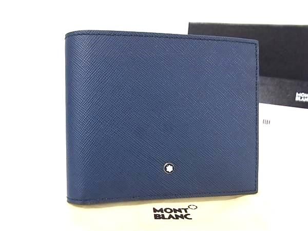 新品未使用 MONT BLANC モンブラン レザー 二つ折り 財布 ウォレット 札入れ カード入れ メンズ ネイビー系 FF8620