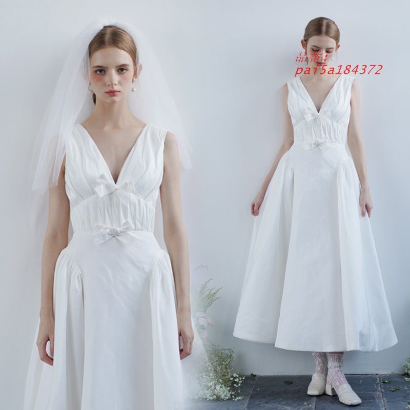 ウェディングドレス ミモレドレス ノースリーブ 二次会 結婚式 前撮り ワンピース 花嫁 編み上げ パーティードレス ブライダル ウエディングドレス 白 pai5a184372