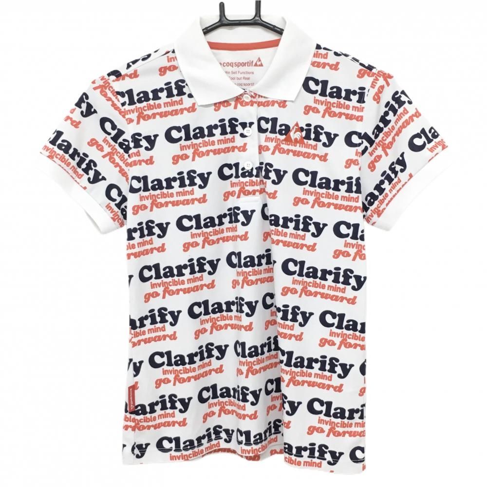 ルコックゴルフ 半袖ポロシャツ 白×ダークネイビー×オレンジ 英字柄  レディース L ゴルフウェア le coq sportif