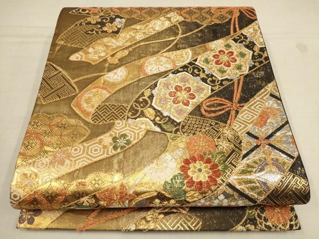 平和屋着物▽六通柄袋帯 薔薇 黒地 金銀糸 正絹 逸品 DAAT5074sf 正絹