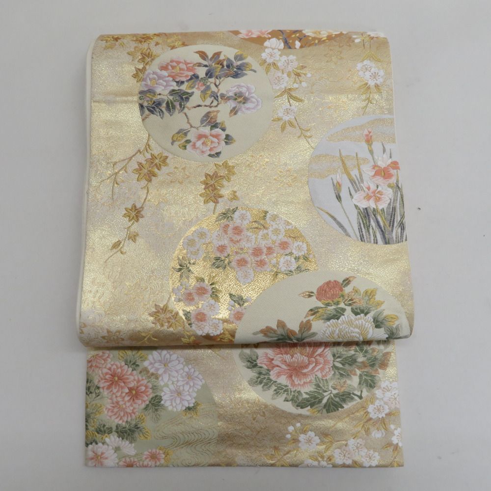 袋帯 正絹 金糸 ゴールド系 丸に季節の花々文様 金色ｘ多色 六通柄 フォーマル 礼装 長さ432cm