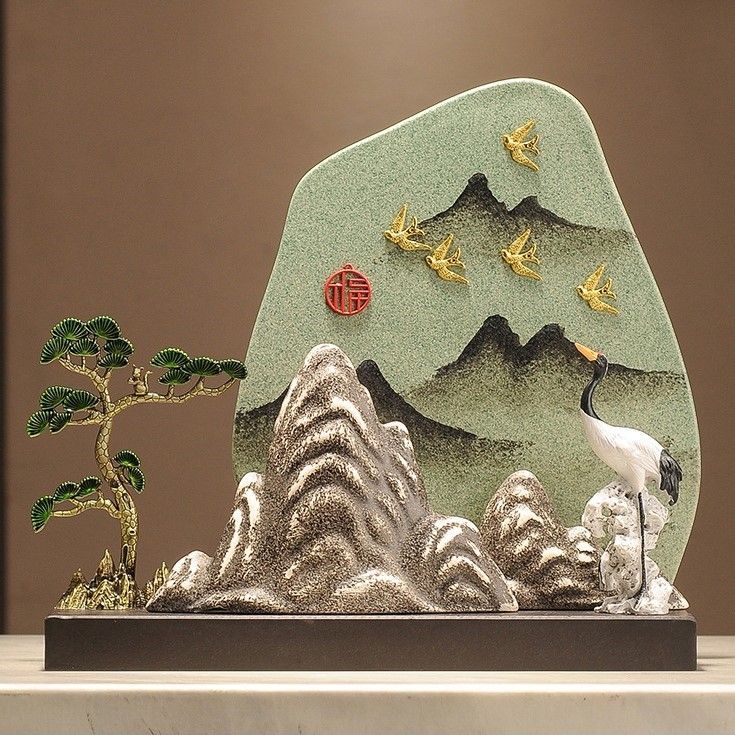 鶴 つる 山 松の木 松 置物 オブジェ セラミック 風水グッズ 財運 金運