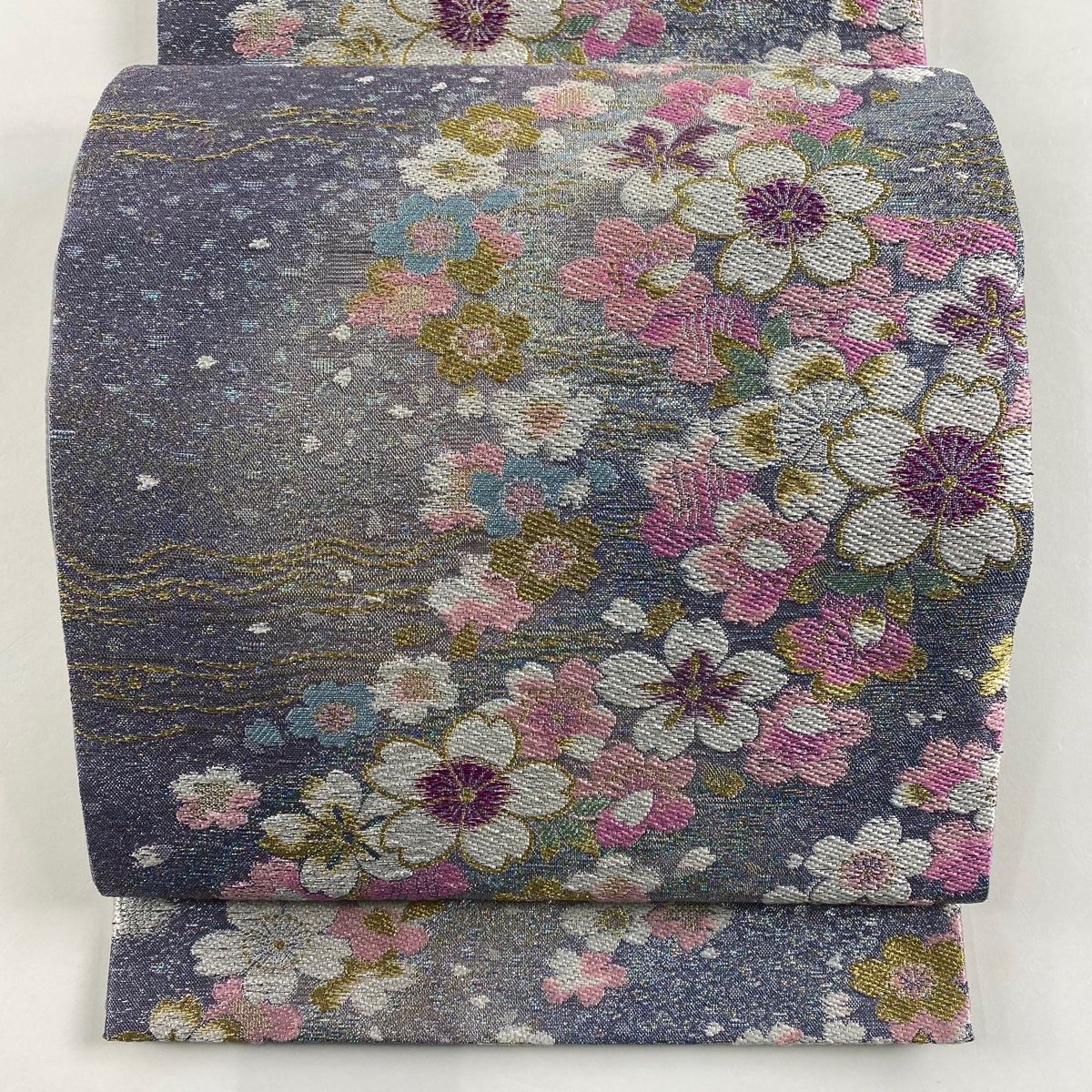 袋帯 秀品 やまと 桜 波 金銀糸 刺繍 灰紫 六通 正絹