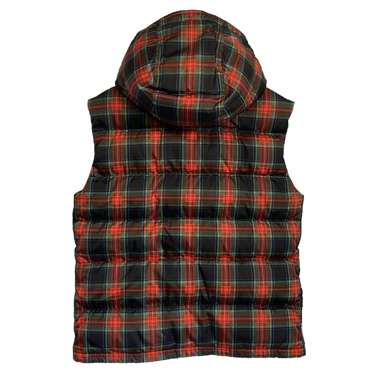 PRADA SPORT プラダスポーツ ダウンベスト サイズ50 M メンズ - レッド×ダークグリーン×マルチ チェック柄 フード着脱可 秋 冬