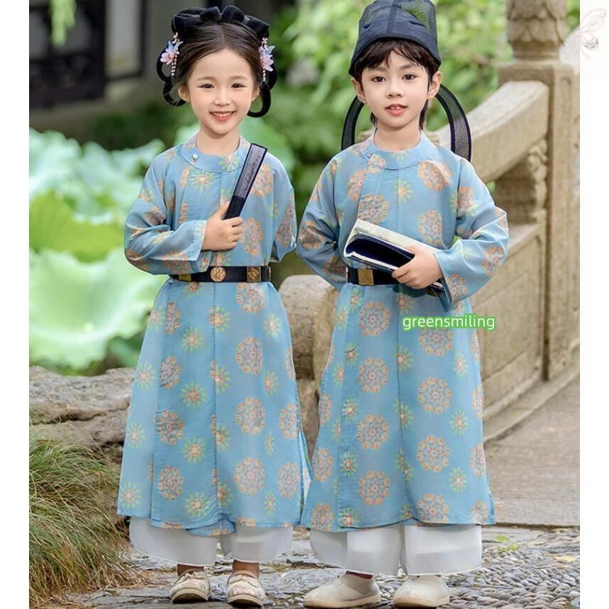 子供宋朝漢服セット ワンピース ガウチョパンツ2点セット 男女兼用中華風女の子|男の子古典ダンスウェア ベルト付き 普段着 クリスマ