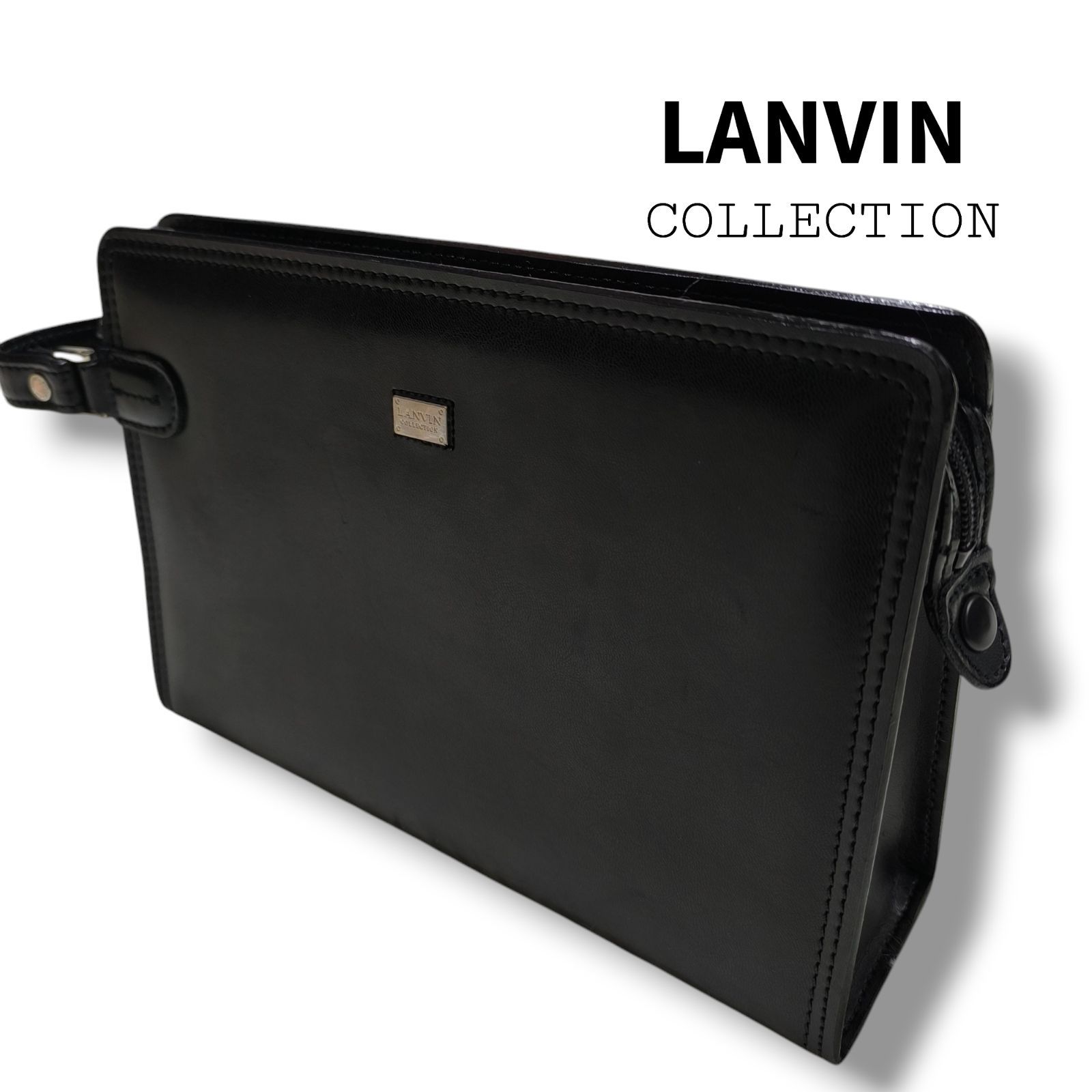 日本製 LANVIN　ランバン コレクション   クラッチバック  セカンドバック  ブラック レザー プレートロゴ