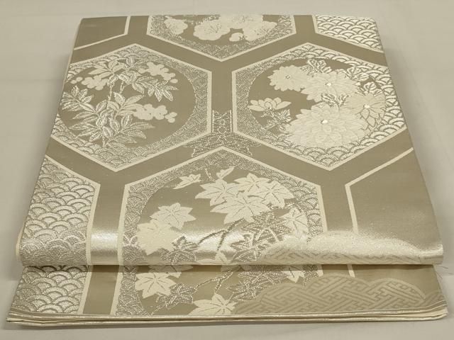 平和屋着物◎六通柄袋帯 唐織 亀甲花文 銀糸 正絹 逸品