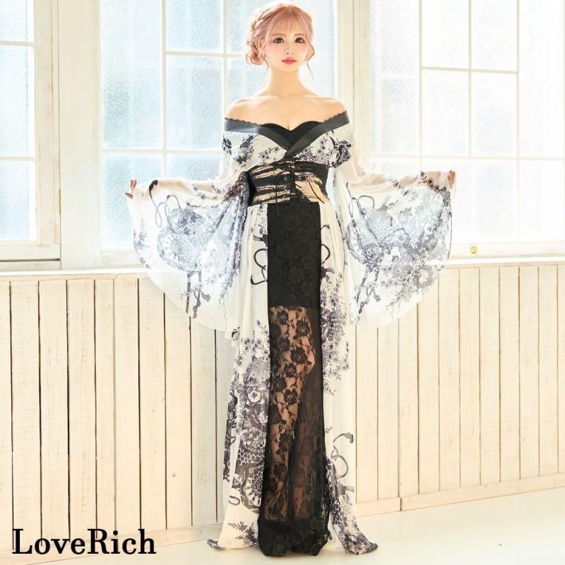 LoveRich ラブリッチ ライン シフォン 和柄 レース コルセット風 レースアップ ロング 豪華 リボン 花魁 着物 ドレス コスプレ ハロウィン 1128