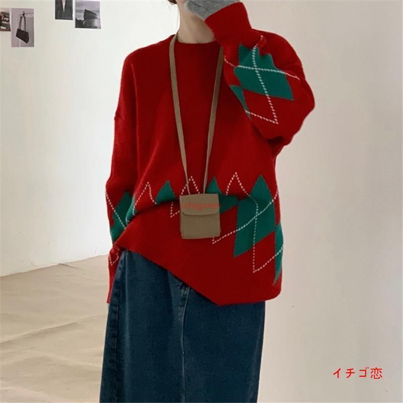 ニット セーター レディース 長袖 秋冬 菱形柄 ニットトップス プルオーバー クリスマスセーター ト 着痩せ ゆったり おしゃれ 暖かい カジュアル 通勤 お出かけ