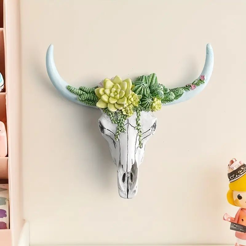1個、牛の頭樹脂ペンダント、多肉植物の牛の頭の像の壁掛け、ホームウォールクラフトデコレーション、グリーンプラントの牛の頭の壁飾り、ホリデーデコレーション