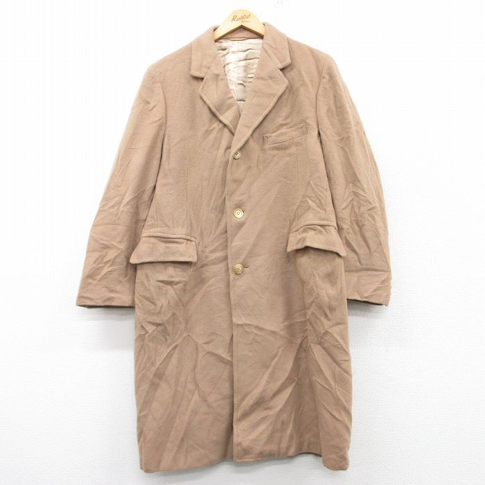 L/古着 長袖 ウール コート メンズ ロング丈 カシミヤ カシミア ベージュ カーキ 25jan28 中古 アウター