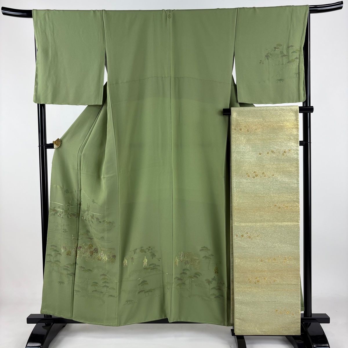 付下げ 身丈158cm 裄丈68cm L 袷 袋帯セット 大名行列 松 金糸 刺繍 抹茶色 正絹 秀品 一つ紋