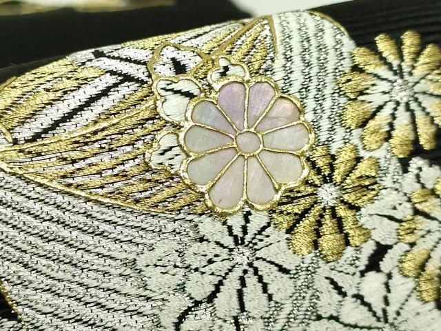 平和屋着物□極上 六通柄袋帯 唐織 螺鈿 糸車花文 黒地 金彩 逸品