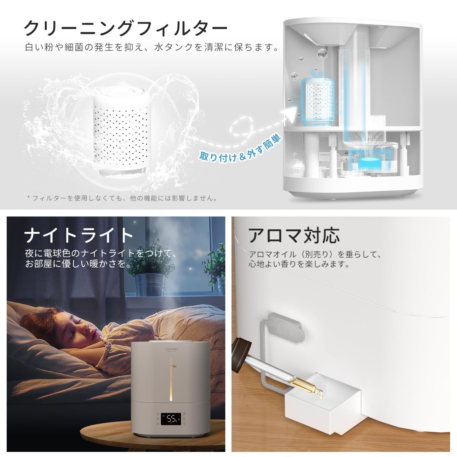 ナイトライト 睡眠モード タイマー 空焚き防止 静音 ミスト量3段階 上から給水 40時間連続稼働 加湿量最大200ml h 自動湿度調整 18畳対応 アロマ対応 超音波式 リモコン付き 大容量4L 寝室用 卓上 加湿器 乾燥対策 ASAKUKI WWW_KANDAIZUMI_COM