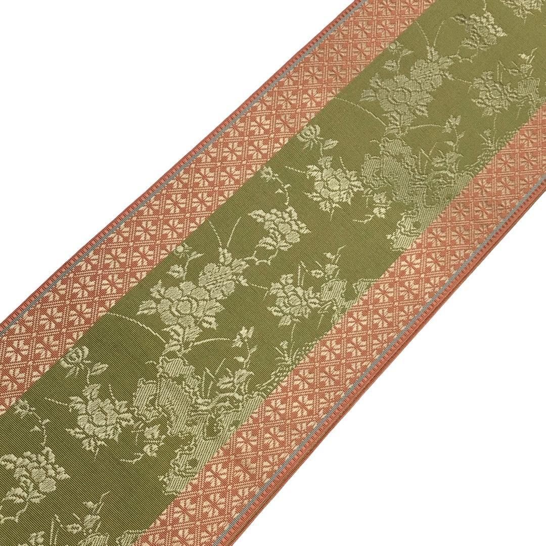 半幅帯 本場筑前博多織 証紙付 花菱 花柄模様 鶸茶色 D-2095 半幅帯 本場筑前博多織 証紙付 花菱 花柄模様 鶸茶色 D-2095の