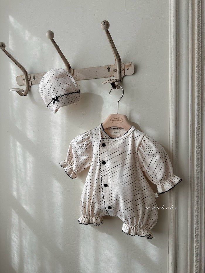  monbebe【送料無料・予約】ドットギャザーロンパース　dot glory suit (bonnet set) ベビー 退院着 韓国 ロンパース・カバーオール