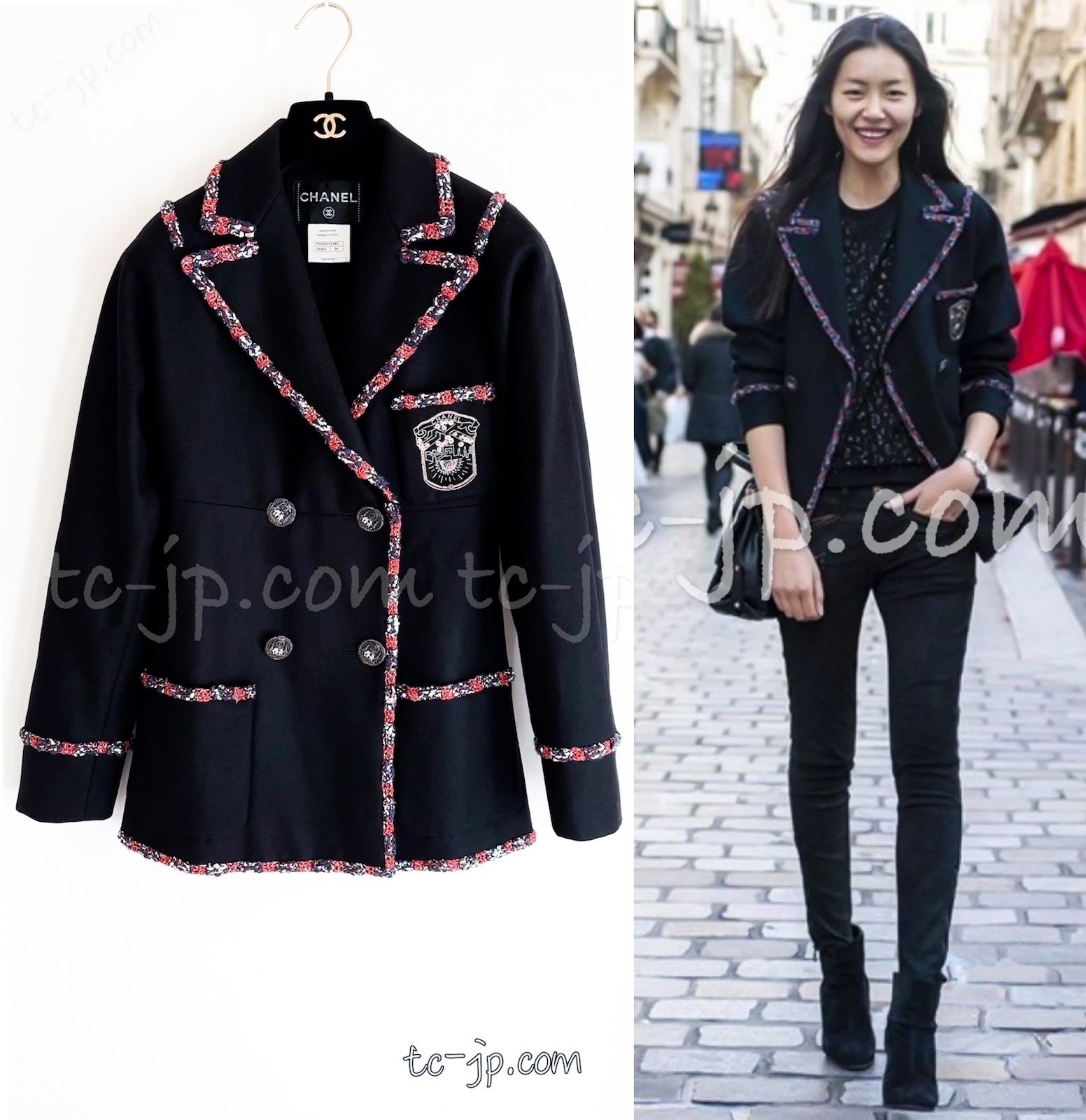 シャネル ブレザー ジャケット CHANEL ブラック エンブレム ウール 