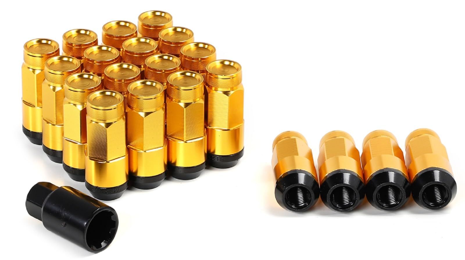 スチール製 ホイールナット スチールナット タイヤナット レーシングナット 上下二分割 アルミ ハイブリット 分割式 ロックナット 貫通ナット ナット 盗難防止 M12 x P1.5 ソケット付き 20本セット ゴールド ゴールド