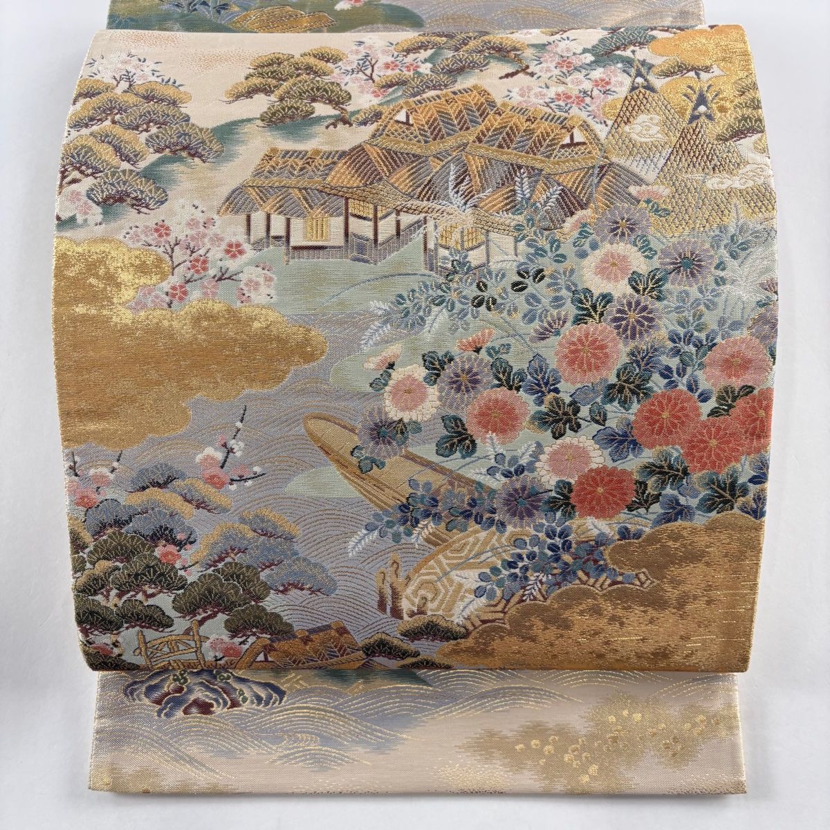 袋帯 秀品 家屋 菊 箔 金糸 ベージュ 六通 正絹 【中古】 - メルカリ
